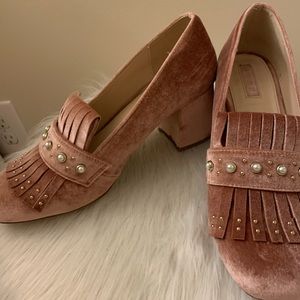 Blush pink velvet block heels! Pearl accents!